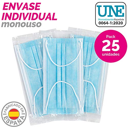 SensiKare plus - Mascarillas higiénicas desechables, envase individual antigérmenes, Mascarilla España, no reutilizables, Caja 25 unidades, fabricación y distribución española, UNE 0064-1:2020