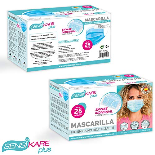 SensiKare plus - Mascarillas higiénicas desechables, envase individual antigérmenes, Mascarilla España, no reutilizables, Caja 25 unidades, fabricación y distribución española, UNE 0064-1:2020