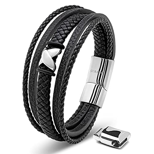 SERASAR Pulsera Plata Hombre 20cm Plateado Pulsera de Cuero Chico Pulseras Hombres Brazalete Pulso Muñequeras Bisuteria Bisutería Joyeria Nudos Cuerda Cuerdas Bracelet Mens Jewellery Unisex Ancha