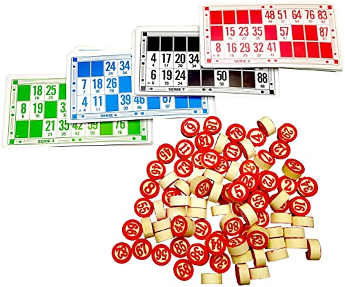 Set Bingo y 48 cartones Bingo de Viaje Juego de Mesa Tradicional Fichas de números 2 Caras Práctica Bolsa de Transporte Números de Madera