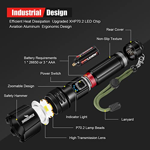 Shadowhawk Linternas LED Alta Potencia 10000 Lúmenes, Linterna LED Recargable USB Táctica Militar Potente, XHP70.2 Linterna a Pilas, IPX67 Impermeable 5 Modos Portátil Linternas(con 5000 mAh)