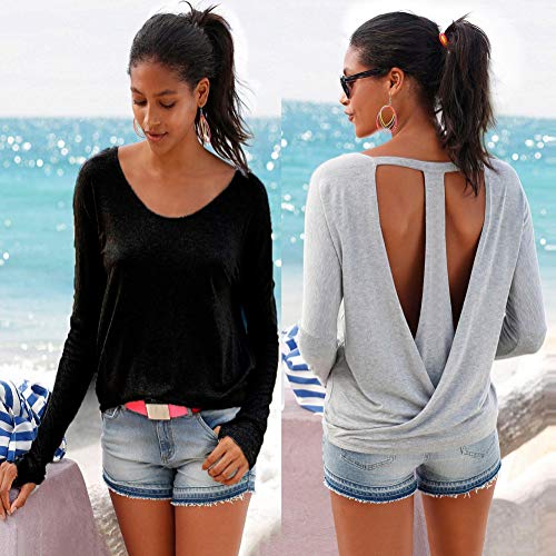 ShallGood Blusa de Manga Corta para Mujer, Sexy, Espalda Descubierta, Espalda de Verano, Espalda Abierta Negro ES 38