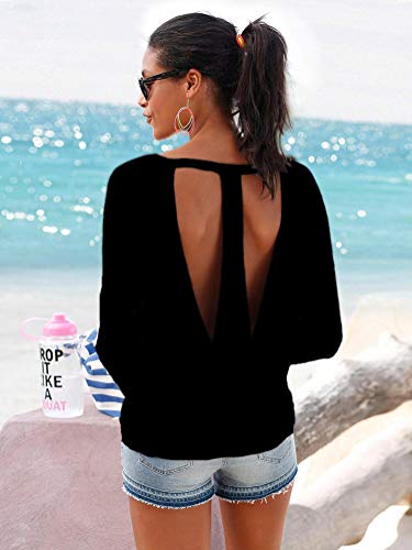 ShallGood Blusa de Manga Corta para Mujer, Sexy, Espalda Descubierta, Espalda de Verano, Espalda Abierta Negro ES 38