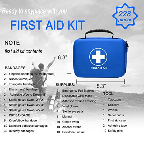 SHBC Kit de Primeros Auxilios (228 Piezas) Compacto Diseñado para Cuidados Familiares de Emergencia. Carcasa de EVA a Prueba de Agua. Esta Bolsa es Ideal para el Coche, Barco, Camping, Oficina. Azul