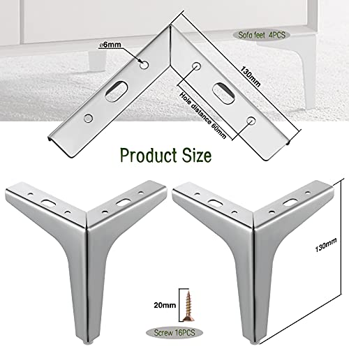 SHEENO 4 patas de metal para muebles, patas de sofá, patas de metal, patas de muebles modernas, de repuesto para armario, sofá, sofá, silla (13 cm), color plateado