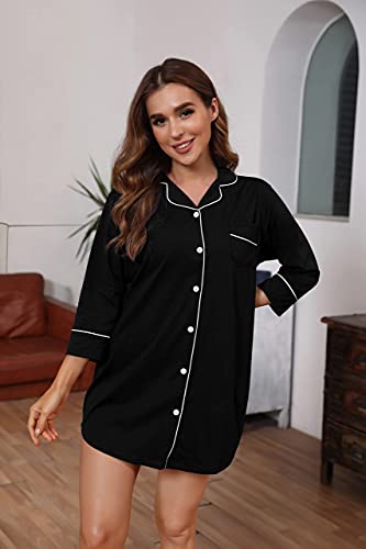 SHEKINI Pijama Mujer Cómodos Camisón de Manga Corta Camisones para Mujer con Cierre Mediante Botones con Bolsillo Delantero Pijamas Elegantes Ropa de Dormir Loungewear