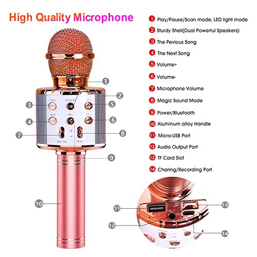 ShinePick Micrófono Karaoke Bluetooth, 4 en1 Microfono Inalámbrico Karaoke Portátil con Luces LED para Niños Canta Partido Musica, Compatible con Android/iOS PC, AUX o Teléfono Inteligente (Oro rosa)