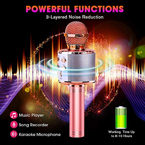 ShinePick Micrófono Karaoke Bluetooth, 4 en1 Microfono Inalámbrico Karaoke Portátil con Luces LED para Niños Canta Partido Musica, Compatible con Android/iOS PC, AUX o Teléfono Inteligente (Oro rosa)