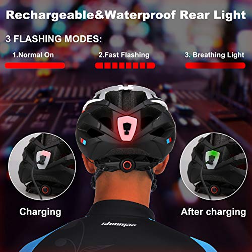 Shinmax Casco de Bicicleta con Luz LED USB Visera Desmontable Ajustable con Certificación CE Casco de Bicicleta BMX Scooter Montaña y Carretera Especializado para Adultos Casco Bicicleta con Mochila