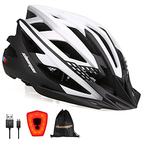 Shinmax Casco de Bicicleta con Luz LED USB Visera Desmontable Ajustable con Certificación CE Casco de Bicicleta BMX Scooter Montaña y Carretera Especializado para Adultos Casco Bicicleta con Mochila