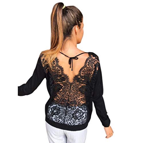 SHOBDW Mujeres de Manga Larga sólido sin Espalda O-Cuello de Encaje Sexy Sudadera Pullover Tops Blusa de otoño Camisa (L, Negro)