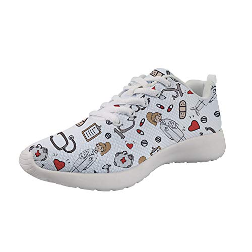 Showudesigns Zapatillas de Deportivos de Running para Mujer Enfermero Gimnasia Ligero Sneakers corazón La píldora Diseño Blanco 36EU