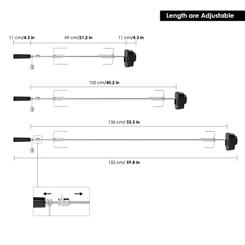 SHYOSUCCE Asador Giratorio Electrico con 2 Agujas de Carne y Motor, Alimentado pour Cable USB y Adaptador, Pincho Asador pour Parrillas de Gas, Carros de Parrilla, Longitud Ajustable 69-137 cm