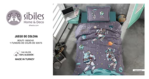 Sibiles - Colcha Bouti Juvenil Niños Estampado Astronautas 100% Algodón Turco Ranforce Cama 90 y 105 (180x240 cm - Cama 90/105)