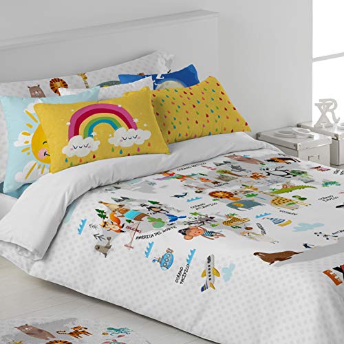 Sibiles - Funda Nórdica Infantil Estampado Digital Mundi Animales Cama 90 y Cama 105 Algodón 100%