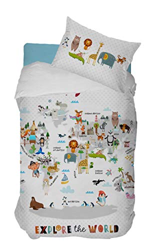 Sibiles - Funda Nórdica Infantil Estampado Digital Mundi Animales Cama 90 y Cama 105 Algodón 100%