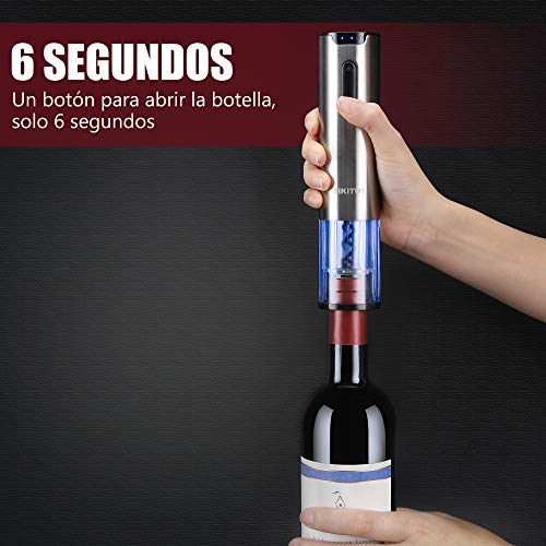 SIKITUT Sacacorchos Eléctrico, Abridor Botellas de Vino Inalámbrico,Automatico Abrelatas de Vino con Indicador LED de Batería y Base de Carga USB y Cortador de Papel,Acero Inoxidable