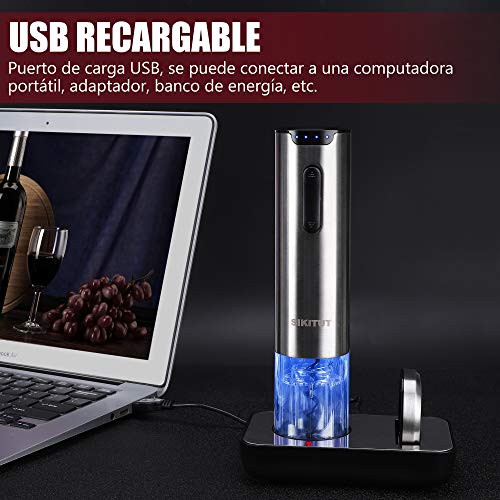 SIKITUT Sacacorchos Eléctrico, Abridor Botellas de Vino Inalámbrico,Automatico Abrelatas de Vino con Indicador LED de Batería y Base de Carga USB y Cortador de Papel,Acero Inoxidable