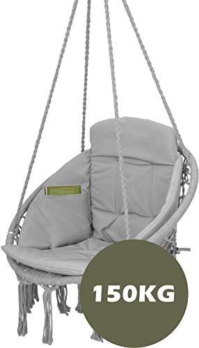 Silla Colgante con Cojín, Compartimento para Libros y Funda - Sillon Colgante Carga hasta 150 kg - Silla Hamaca Colgantes para Interior y Exterior (jardín) VITA5 (Gris)