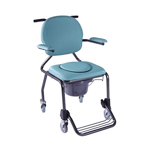 Silla con inodoro, de Acero, Silla con WC con ruedas, reposapiés y reposabrazos acolchados, con frenos, Para minusválidos, personas con movilidad reducida, Alta resistencia, Peso máx. 130Kg, Azul