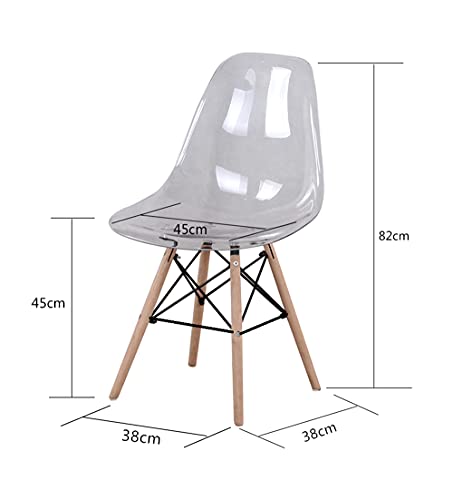 Silla de comedor estilo nórdico con asiento de plástico transparente acrílico y patas de madera para cocina, sala de estar, oficina, salón, vestíbulo, sala de espera, juego de 4 (blanco transparente)