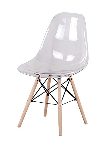 Silla de comedor estilo nórdico con asiento de plástico transparente acrílico y patas de madera para cocina, sala de estar, oficina, salón, vestíbulo, sala de espera, juego de 4 (blanco transparente)