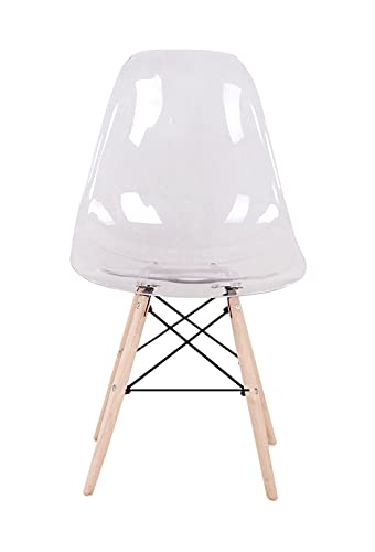 Silla de comedor estilo nórdico con asiento de plástico transparente acrílico y patas de madera para cocina, sala de estar, oficina, salón, vestíbulo, sala de espera, juego de 4 (blanco transparente)