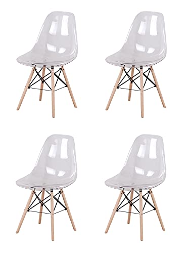 Silla de comedor estilo nórdico con asiento de plástico transparente acrílico y patas de madera para cocina, sala de estar, oficina, salón, vestíbulo, sala de espera, juego de 4 (blanco transparente)