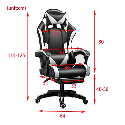 Silla de escritorio para gaming, ergonómica, giratoria, con reposapiés, respaldo alto y soporte lumbar, piel sintética, altura del asiento y inclinación del respaldo