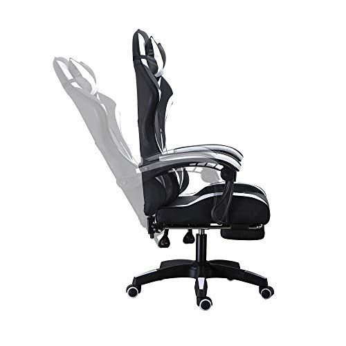 Silla de escritorio para gaming, ergonómica, giratoria, con reposapiés, respaldo alto y soporte lumbar, piel sintética, altura del asiento y inclinación del respaldo