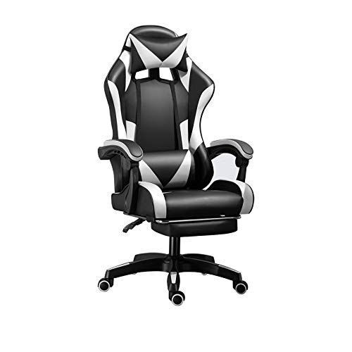 Silla de escritorio para gaming, ergonómica, giratoria, con reposapiés, respaldo alto y soporte lumbar, piel sintética, altura del asiento y inclinación del respaldo