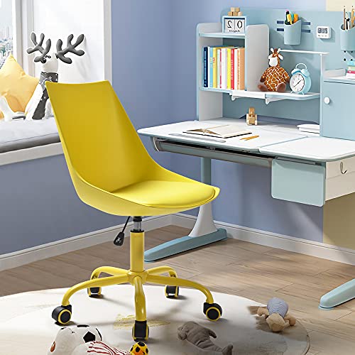 Silla de oficina ergonómica y moderna, giratoria, para casa, oficina, taburete de trabajo con respaldo medio y ruedas de poliuretano del mismo color, taburete de oficina sin brazos, color amarillo