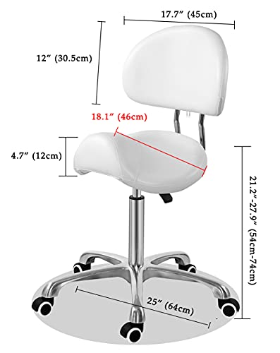 Silla de silla de montar con respaldo ergonómico asiento de esteticista para salón tatuaje tienda spa hogar dentista clínica (con respaldo, blanco)