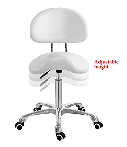 Silla de silla de montar con respaldo ergonómico asiento de esteticista para salón tatuaje tienda spa hogar dentista clínica (con respaldo, blanco)