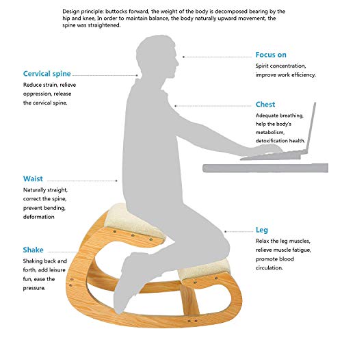 Silla Ergonómica de Rodillas para Postura Erguida - Taburete de Rodilla para Casa, Oficina y Meditación - Madera y Cojín de Lino (Roble Blanco)