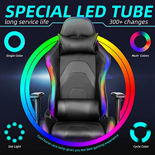 Silla Gaming, Silla de Gaming con LED RGB, 300 Tipos de Luz con Control Remoto, Silla Racing Ergonómica, Reclinable 160º, Apoyabrazos 2D Ajustables, Carga Máx.136KG