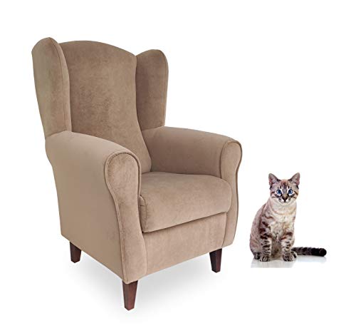 Sillón Butaca Orejera- Tela Anti-antiaraños, Especial para Gatos. Se Limpia con Facilidad, Tratamiento Antimanchas - (Medidas : 103 * 74 * 78 cm.) Disponible en Gris y Avellana (Gatos Avellana)