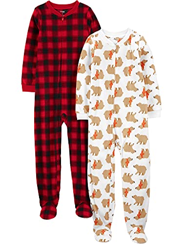 Simple Joys by Carter's 2-Pack Loose-fit Fleece Footed Pajamas Conjunto de Pijama, Cuadros De Vichy/Oso, 4-5 años, Pack de 2