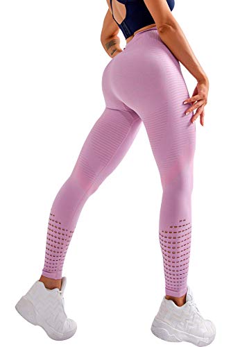 Sin Costura Leggins Mujer, Mallas Fitness Push Up Pantalones Deporte Running Yoga GP-23(Pink,XL)