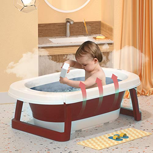 Sinbide Bañera Plegable para Bebé Recién Nacido con Soporte del Asiento Bañera de Niños con Temperatura Inteligente Cojín Cómodo Portátil Lavabo para Bebes Alfombrilla Antideslizante (Rojo)