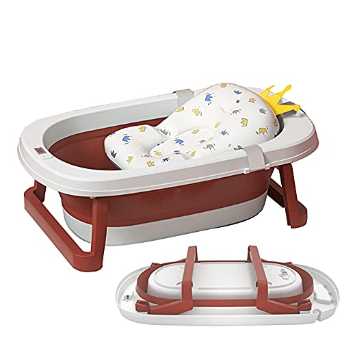 Sinbide Bañera Plegable para Bebé Recién Nacido con Soporte del Asiento Bañera de Niños con Temperatura Inteligente Cojín Cómodo Portátil Lavabo para Bebes Alfombrilla Antideslizante (Rojo)