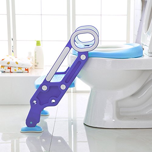 Sinbide Escalera Asiento Escalera del Tocador de Niños, Reductor WC para Niños Acolchado Suave con Escalón Plegable Abatible Ajustable, Antideslizante (Azul-Violeta)