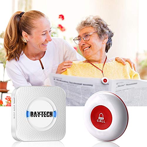 Sistema de botones de llamada Daytech Alarma inalámbrica de atención personal SOS de asistencia al paciente de más de 200 pies de alcance (2 botones + 2 receptores)