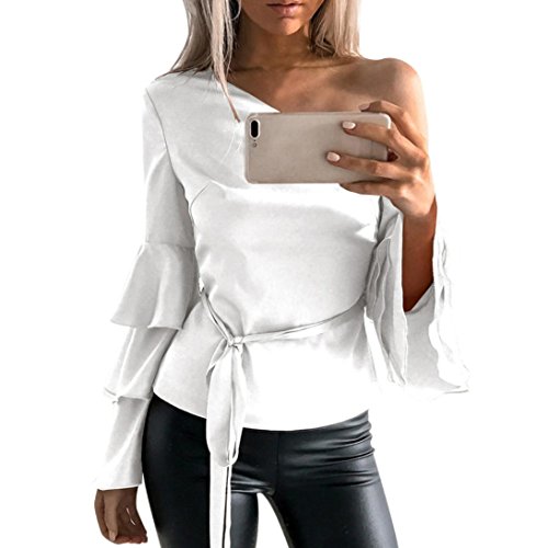 Siswong Camiseta Blusa Manga Larga de Volantes Blusa Playa Hombros Descubiertos Elegante Tops Mujer Fiesta Noche (Blanco, M)