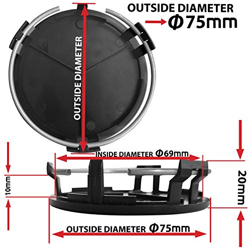 SkinoEu 4 x 75mm Tapas de Rueda de Centro Centrales Llantas Aluminio Compatibles con Tapacubos Mercedes Benz B66470207 / B66470200 Negro CM 4