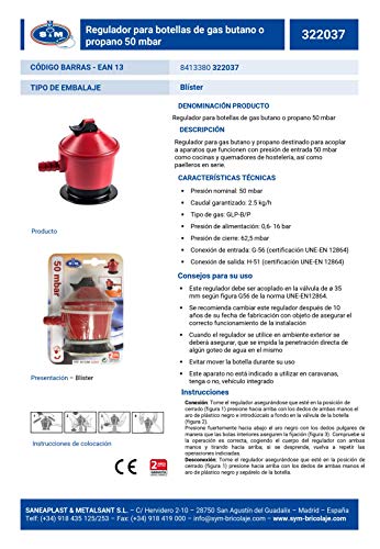 S&M Regulador 50 mbar para Botellas De Gas Butano O Propano, Rojo