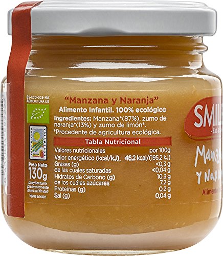 Smileat - Tarritos Ecológicos de Manzana, Naranja y Zanahoria, Ingredientes Naturales, Para Bebés a partir de los 4 Meses - Pack de 12x130g - 1560g