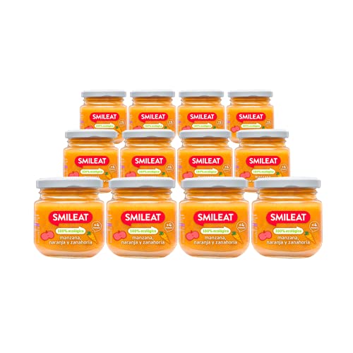 Smileat - Tarritos Ecológicos de Manzana, Naranja y Zanahoria, Ingredientes Naturales, Para Bebés a partir de los 4 Meses - Pack de 12x130g - 1560g