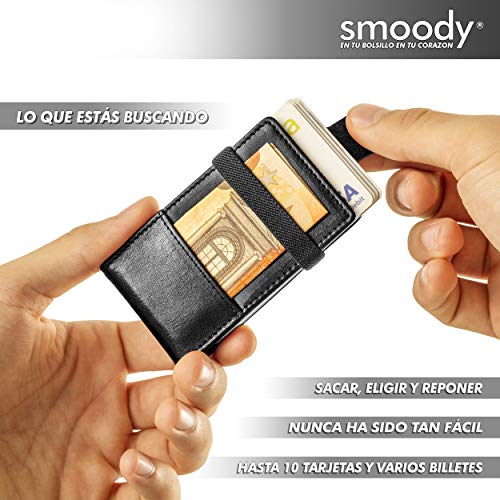 smoody® Tarjetero para 10 Tarjetas de Credito Bloqueo RFID Cartera Minimalista Hombre y Mujer Pequeña Billetera con Elástico y Pull-up Cuero Vacuno Sin Cromo (Negro)