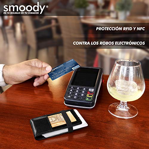 smoody® Tarjetero para 10 Tarjetas de Credito Bloqueo RFID Cartera Minimalista Hombre y Mujer Pequeña Billetera con Elástico y Pull-up Cuero Vacuno Sin Cromo (Negro)